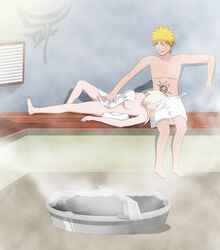 1boy 1girls blonde_hair blue_eyes breasts closed_eyes closed_mouth erect_nipple feet female highres hot_spring human indoors ino_yamanaka long_hair male medium_breasts naked_towel naruto naruto_shippuden nipple nipples nude peeping sauna spiked_hair stiky_finkaz straight tongue tongue_out towel undressing uzumaki_naruto wink