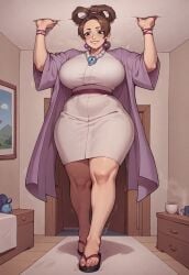 1girls absurd_res absurd_resolution absurdres ace_attorney adult_female ai_assisted ai_generated bedroom big_breasts black_eyes bracelet brown_hair capcom close-up cramped female giant_female gyakuten_saiban hair_rings hourglass_figure implied_growth indoors jacket japanese_clothes kimono looking_down magatama mini_giantess motion_lines necklace pearl_fey sandals short_hair short_kimono skindentation slim_waist smile smirking solo solo_female solo_focus steaming_body sweat sweatdrop sweating thick_thighs video_game_character video_game_franchise video_games