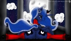 2012 alicorn anus ass blue_eyes blue_fur blue_hair crotchboobs cutie_mark ear_piercing equine female friendship_is_magic hair horn horse juicykiss looking_at_viewer looking_back moon my_little_pony night open_mouth piercing pony princess_luna_(mlp) pussy solo spread_legs spreading wings