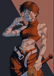 abs dingotoad fit_female glare glasses jujutsu_kaisen midriff scar short_hair sleeveless sword unbuttoned_pants zenin_maki