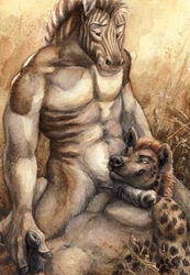 abs anatomically_correct biceps blotch furry gay handjob horsecock hyena kneeling lying male muscles no_humans pecs penis toned zorse