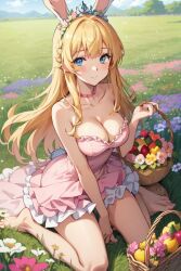 ai_generated blonde_female blonde_hair bunny_ears bunny_girl bunny_hybrid bunny_tail flower_field large_breasts princess