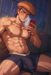 1boy ai_generated boxers bulge caught couch danganronpa embarrassed gay hairy horny living_room mondo_oowada muscular oowada_mondo phone precum underwear