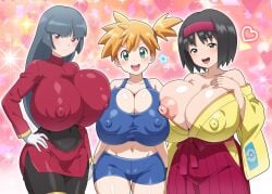 3girls :d alternative_bust_size aqua_eyes areolae asymmetrical_hair bangs bare_shoulders big_breasts bimbo black_eyes black_hair blunt_bangs blush bodysuit breast_press breast_suppress breasts clavicle cleavage closed_mouth clothing covered_navel cowboy_shot crop_top curvaceous enormous_breasts erect_nipples erika_(pokemon) female female_only gigantic_breasts gloves green_eyes hairband hand_on_hip headwear heart heart_background high_resolution hitokiwa_kenchin huge_breasts hyper_breasts kasumi_(pokemon) kimono large_breasts large_filesize long_hair long_sleeves looking_at_viewer massive_breasts midriff multiple_girls navel nipples open-mouth_smile open_mouth orange_hair pantyhose pokemon pokemon_character ponytail red_eyes red_hairband robe sabrina_(pokemon) shiny shiny_hair shiny_skin shirt short_hair shorts side_ponytail skirt smile sparkle standing tank_top teeth thick_thighs thighs tied_hair traditional_clothes upper_teeth upper_teeth_only very_high_resolution very_long_hair wafuku white_gloves wide_hips