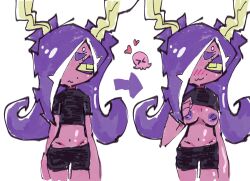 big_breasts compression_shirt emems666 face_piercings flashing_breasts green_eyes nintendo octarian octoling octoling_girl piercing purple_hair revealing_breasts spats splatoon splatoon_3