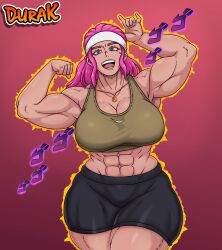 1girls 2025 big_breasts breasts brown_eyes durak female female_focus female_only jojo_reference muscle muscular muscular_arms muscular_female open_mouth original_character pink_hair smile smiley_face solo