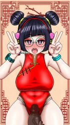 boboiboy_(series) boboiboy_galaxy breasts cheongsam china_dress chinese_clothes chinese_female chinese_new_year cum cum_in_mouth cum_on_face cumshot dick glasses looking_at_viewer open_mouth peace_sign tagme tongue video ying_(boboiboy) zein_(artist)