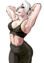 armpit_crease armpits arms_behind_head dingotoad eyepatch fit_female looking_at_viewer medium_breasts midriff quanxi_(chainsaw_man) sports_bra white_hair yoga_pants