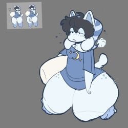 anthro big_ass big_thighs blue_body clothed drowsy feline femboy furry holding_object lopsalien original_character sleepy temmie wide_hips