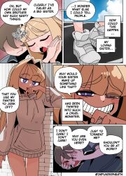 color comic disguise ellie_(impunderneath) english_text evil_smile female imposter impunderneath original original_character possessed possession skinsuit