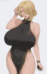 1girlss 2025 big_breasts blonde_hair bracelet breasts clothed clothed_female cynthia_(pokemon) earrings grey_eyes hair_over_one_eye huge_breasts large_breasts lipstick looking_at_viewer mature mature_female milf red_lipstick skin_tight