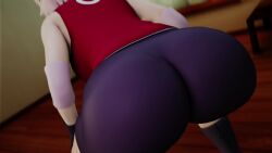 3d animated ass ass_focus ass_shake bare_shoulders big_ass big_butt bike_shorts female from_behind green_eyes huge_ass jiggle kishi leaning leaning_forward naruto naruto_(series) pink_hair sakura_haruno short_hair smile solo tagme twerking video