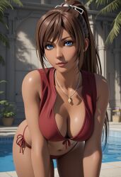 ai_generated bikini blue_eyes breasts brown_hair dark-skinned_female female from_below long_hair looking_at_viewer noloty_malch ponytail pool red_bikini tatakau_shisho the_book_of_bantorra