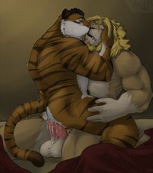 amwulf anal anal_sex balls bed biceps couple cum cum_in_ass cum_inside embrace feline furry gay kissing lion male muscles no_humans penetration penis saliva saliva_string tiger