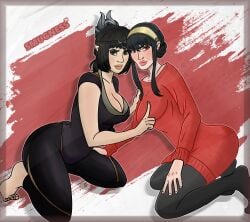 2girls baldur's_gate_3 black_hair finger_on_breasts fully_clothed green_eyes hand_on_hip kneeling pinup pinup_girls red_eyes sfw shadowheart shadowheart_(baldur's_gate) smugness spy_x_family yor_forger