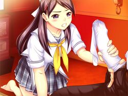 barefoot black_hair blush censored censored_penis clenched_teeth clothed_female clothes cum cum_on_clothes erection feet footwear hair handjob kneeling kokikano_ika_sete,-shin_aichan! kokoa_kashimoto long_hair mosaic_censoring penis plaid_skirt purple_eyes school_uniform skirt sockjob socks source_request stocking_on_penis