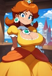 1girls ai_generated blue_eyes breasts brown_hair castle cleavage crown dress female female_only gigantic_breasts huge_breasts human indoors lubbasdump mario_(series) nintendo princess princess_daisy royalty smug solo solo_female wide_hips