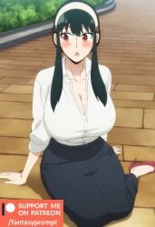 ai_generated black_hair cleavage cute cute_face fantasyprompt huge_breasts long_hair red_eyes spy_x_family white_shirt yor_briar yor_forger