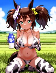 ai_generated animal_ears big_breasts brown_hair female green_eyes hair_accessory hair_ornament horse_girl inari_one_(umamusume) twintails umamusume umamusume_pretty_derby