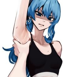 armpit armpit_fetish armpits blue_eyes blue_hair dingotoad disappointed_look disgusted_look fit_female glare hololive hololive_japan hoshimachi_suisei light-skinned_female sports_bra sweat sweatdrop sweating sweaty vtuber