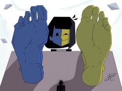 2023 5_toes blue_body blue_skin blue_skinned_female clothed clothed_female deviantart ena ena_(series) eyes eyes_open feet female foot_fetish giantess human joel_g podorou small_human smile smiling soles soles_female tiny_human yellow_body yellow_skin yellow_skinned_female