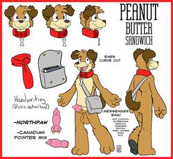 1boy anthro bag balls big_penis blue_eyes bone canine casual collar edit english_text erection fur furry housepets! humanoid male male_only model_sheet nude peanut_butter_(housepets!) penis rick_griffin satchel scarf sheath solo standing text webcomic