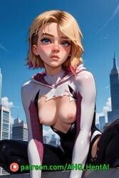 1girls ahq_hentai ai_generated blonde_hair blush bodysuit breasts exposed_breasts gwen_stacy gwen_stacy_(spider-verse) marvel medium_breasts nipples on_roof patreon perfect_body spider-man_(series) spider-verse stable_diffusion torn_clothes