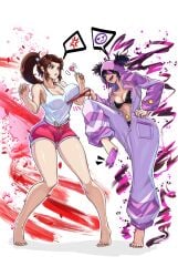 alternate_costume barefoot black_bra breast_lift brown_hair casual_clothes catfight dolphin_shorts fatal_fury juri_han king_of_fighters large_breasts legs mai_shiranui mai_shiranui_(casual) official_alternate_costume pajamas ponytail red_shorts staredown stickiezblue street_fighter street_fighter_6 tank_top thighs white_tank_top yuri