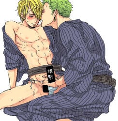 alternate_costume blonde_hair blush censored earrings green_hair hair_over_one_eye handjob human japanese_clothes jewelry male male_only multiple_boys multiple_males nipples one_piece open_clothes penis roronoa_zoro spread_legs vinsmoke_sanji yaoi yuu_(1969loy)