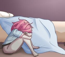 1female 1girls ambiguous_consent barefoot bed bottomless bottomless_female doki_doki_literature_club feet female_focus implied implied_incest implied_rape moritaris natsuki_(doki_doki_literature_club) pillow pink_hair sad