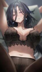 1girls alluring clorinde_(genshin_impact) earrings female female_focus female_only genshin_impact lace lace-trimmed_bra lace-trimmed_panties large_breasts light-skinned_female light_skin long_hair looking_at_viewer looking_down purple_hair see-through see-through_clothing stockings suggestive suggestive_look suggestive_pose tagme underwear underwear_only vitaminechan