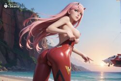 , 1girls ai_generated aqua_eyes ass beach bodysuit breasts cowboy_shot darling_in_the_franxx day from_behind green_eyes hairband hi_res horns lips long_hair looking_at_viewer looking_back makeup medium_breasts nipples ocean outdoors pilot_suit pink_hair pussy r34arts red_bodysuit sand science_fiction shiny_clothes skin_tight sky smile solo standing straight_hair sun uncensored undressing very_long_hair water white_hairband zero_two_(darling_in_the_franxx)