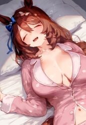 ai_generated animal_ears bed big_breasts blue_eyes braided_hair breasts_out breasts_out_of_clothes cleavage female horse_girl long_hair ribbon sleeping super_creek_(umamusume) umamusume umamusume_pretty_derby