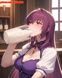 1girls ai_generated artifical_art blush cum dripping_cum dripping_semen fate/grand_order fate/stay_night fate_(series) long_hair perfect_body purple_hair red_eyes scathach_(fate) semen semen_in_mouth solo