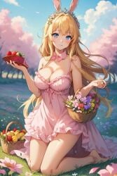 ai_generated ai_hands blonde_female blonde_hair bunny_ears bunny_girl bunny_hybrid bunny_tail flower_field large_breasts princess