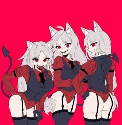 3girls ass big_ass cerberus_(helltaker) dog_ears fangs garter_straps hand_on_hip helltaker no_pants p_ple123 red_background red_eyes sharp_teeth thighhighs tongue_out white_hair