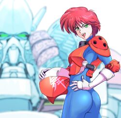 aleste armor ass bb9_megadrive blurry blurry_background bodysuit buchi_holes commentary_request ellinor_weisen female green_eyes hand_on_own_hip helmet looking_at_viewer looking_back mecha mecha_pilot_suit musha_(mecha) musha_aleste open_mouth red_hair robot science_fiction shirow_masamune_(style) short_hair smile standing teeth unworn_headwear unworn_helmet upper_teeth_only