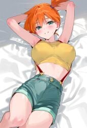 ai_generated aqua_eyes armpits arms_behind_head arms_up asymmetrical_hair bangs bare_arms bed_sheet blush breasts clothing crop_top denim denim_shorts female female_only green_eyes hair_between_eyes hair_tie huge_breasts kasumi_(pokemon) large_breasts legs looking_at_viewer lying midriff navel on_back orange_hair parted_lips pokemon pokemon_(anime) pokemon_(classic_anime) pokemon_(game) pokemon_character pokemon_species ponytail shiny shirt short_hair short_shorts shorts side_ponytail sleeveless sleeveless_shirt smile solo suspenders sweat tank_top thighs tied_hair yellow_shirt