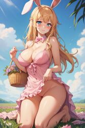 ai_generated ai_hands blonde_female blonde_hair bunny_ears bunny_girl bunny_hybrid bunny_tail flower_field large_breasts princess pussy tease vagina