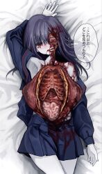 absurdres arm_up armpits black_nails black_sailor_collar black_serafuku blood blood_in_hair blood_on_neck blouse blush closed_mouth colored_skin dakimakura_(medium) embarrassed eyeball female gorezono_neo_(yu-ki_iwata) guro hair_between_eyes highres intestines looking_at_viewer lying medium_hair neckerchief off_shoulder on_back on_bed organs original pleated_skirt purple_hair red_eyes red_neckerchief ribs sailor_collar school_uniform serafuku shirt skirt solo speech_bubble straight_hair sweat talking teeth torn_clothes white_skin yu-ki_iwata