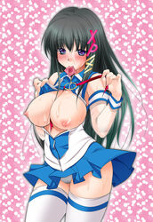 1girls areolae black_hair blue_eyes blush breasts breasts_out center_opening condom condom_in_mouth condom_wrapper cum cum_on_body cum_on_breasts cum_on_upper_body detached_sleeves facial female full-face_blush hair_ornament hair_ribbon huge_breasts large_breasts legs long_hair miniskirt mouth_hold nipples os-tan panties pleated_skirt rekurieeru ribbon skirt solo thighhighs thighs underwear white_legwear xp-tan