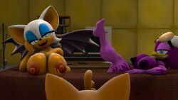 2girls 3d 3d_(artwork) age_difference anthro anthro_only areola areolae avian bat bat_wings big_breasts blue_eyes breasts canine chiropteran female female_focus fox grabbing_own_breast grey-yordle imminent_sex kabalmystic_(style) male male/female nipples nude nude_female older_female older_woman_and_younger_boy purple_feathers rouge_the_bat sega smug_grin sonic_(series) tails_the_fox wave_the_swallow white_fur yellow_fur younger_male