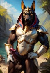 ai_generated anthro anubis armor black_body cum cum_drip erect_penis erection male male_only muscle muscles muscular muscular_anthro muscular_male naked naked_male nude nude_anthro nude_male