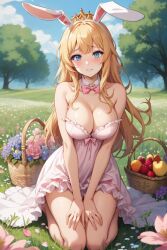 ai_generated blonde_female blonde_hair bunny_ears bunny_girl bunny_hybrid bunny_tail flower_field large_breasts princess