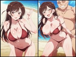 ai_generated arms_held_back beach_sex bikini breasts_out_of_bikini cheating_girlfriend happy kanojo_okarishimasu mizuhara_chizuru older_male_and_younger_female one_breast_out sex_from_behind