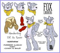 1boy anthro balls big_penis blue_eyes canine casual collar edit english_text erection fox_(housepets!) fur furry housepets! humanoid jacket male male_only model_sheet nude outerwear penis rick_griffin scarf sheath solo standing text webcomic