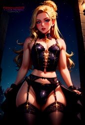 1boy ai_generated bikini blonde_hair blonde_hair blue_eyes bulge bulge_through_clothing choker dress ear_piercing earrings femboy flat_chest ilfb long_hair looking_at_viewer looking_down night panties pantyhose standing trap