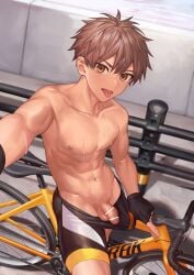 1boy abs armpits balls bicycle big_areola bike biker biker_clothes blush brown_hair censor_bar censored censored_penis collarbone depth_of_field erect_nipples eyelashes fence fingerless_gloves fingernails flaccid foreskin gay gloves hi_res looking_at_viewer male male_only mature_male muscles muscular muscular_male navel nayoshi_(r-744) no_body_hair open_mouth original original_character outdoor_nudity outdoors pants_down pecs penis pointless_censoring public public_nudity road selfie selfie_pose shadow short_hair sitting six_pack solo sweat sweatdrop sweating sweaty tongue_out topless uncut veiny_penis yaoi yellow_eyes young