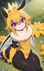 ai_generated animal_ears antennae arthropod_girl bangs blonde_hair blush breasts closed_mouth clothing covered_navel crown female female_only flower fur_collar grass headwear honey insect_wings kumdevince legwear looking_at_viewer monster_girl nipples outdoors purple_eyes queen_poisonous_honeybee queen_poisonous_honeybee_(solo_farming_in_the_tower) short_hair sitting small_breasts smile solo solo_farming_in_the_tower thighs wings yellow_flower