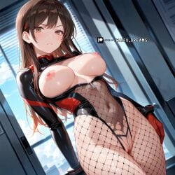 ai_generated breasts brown_hair fishnets kanojo_okarishimasu mizuhara_chizuru nipples rent_a_girlfiend